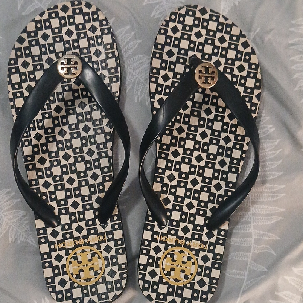Tory Burch Black and Gold Sandals with Geometric Design